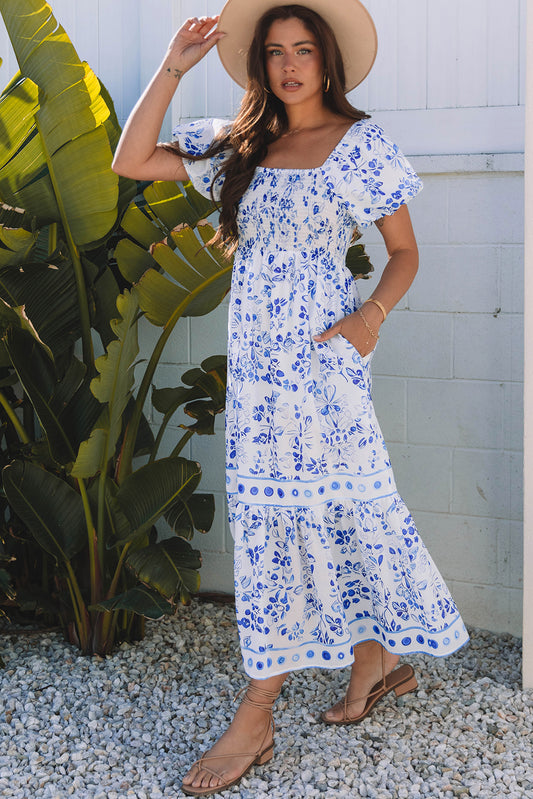 Sky Blue Floral Print Square Neck Bubble Sleeve High Waist Long Dress Maxi Dresses JT's Designer Fashion