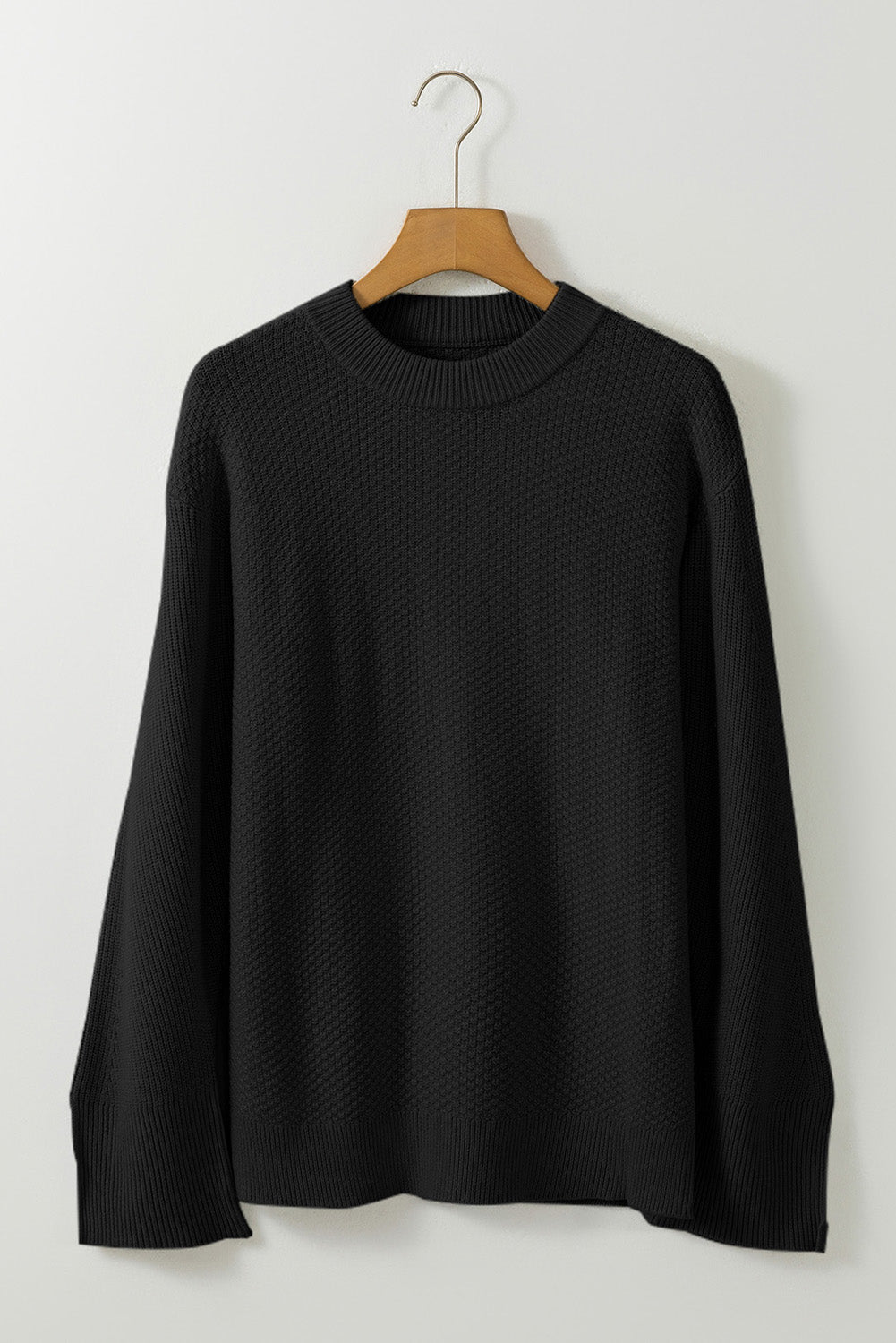 Black Solid Textured Knit Split Cuff Drop Shoulder Loose Sweater Sweaters JT's Designer Fashion