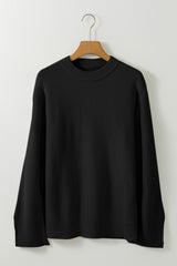Black Solid Textured Knit Split Cuff Drop Shoulder Loose Sweater Sweaters JT's Designer Fashion