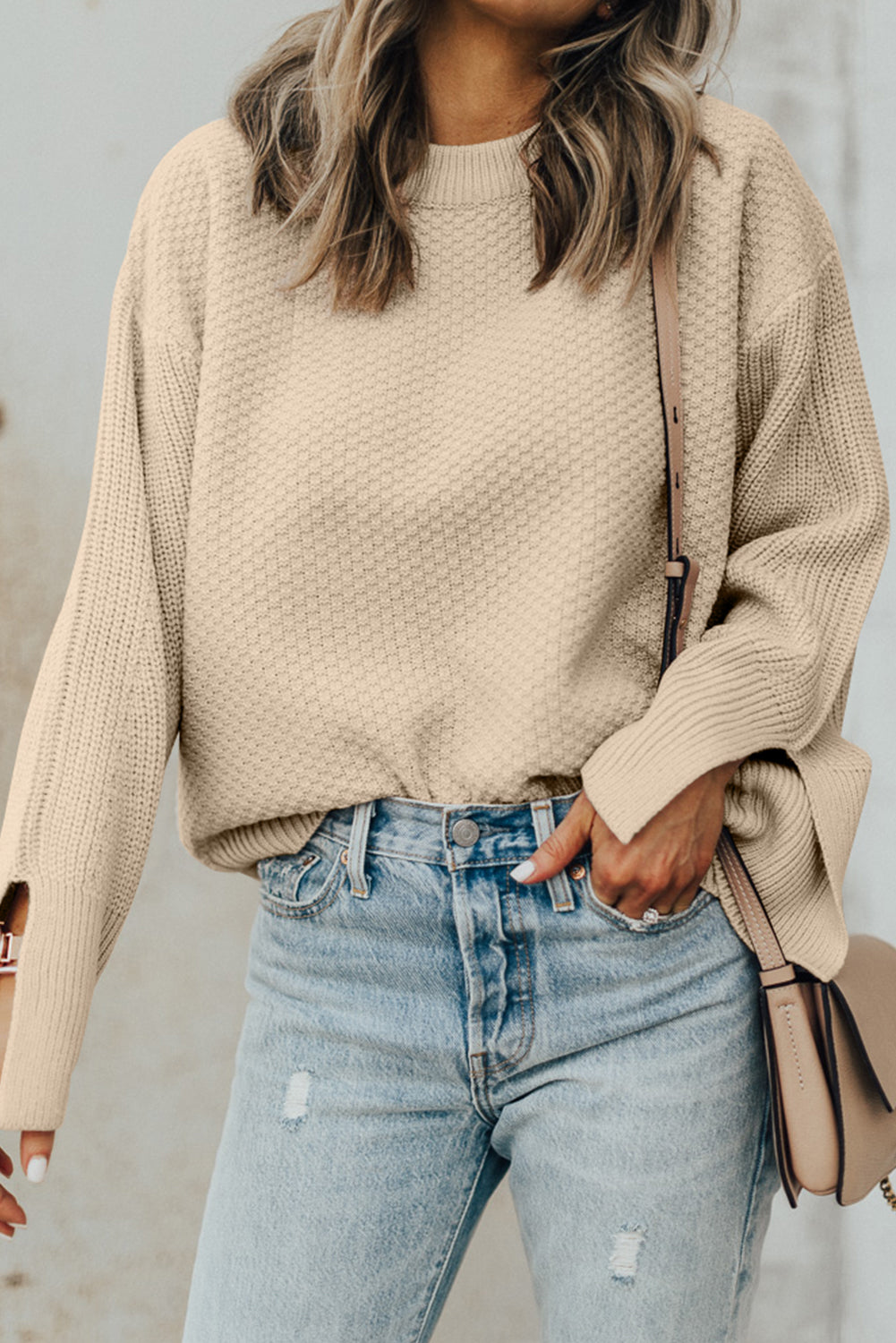 Parchment Solid Textured Knit Split Cuff Drop Shoulder Loose Sweater Parchment 50%Viscose+28%Polyester+22%Polyamide Sweaters JT's Designer Fashion