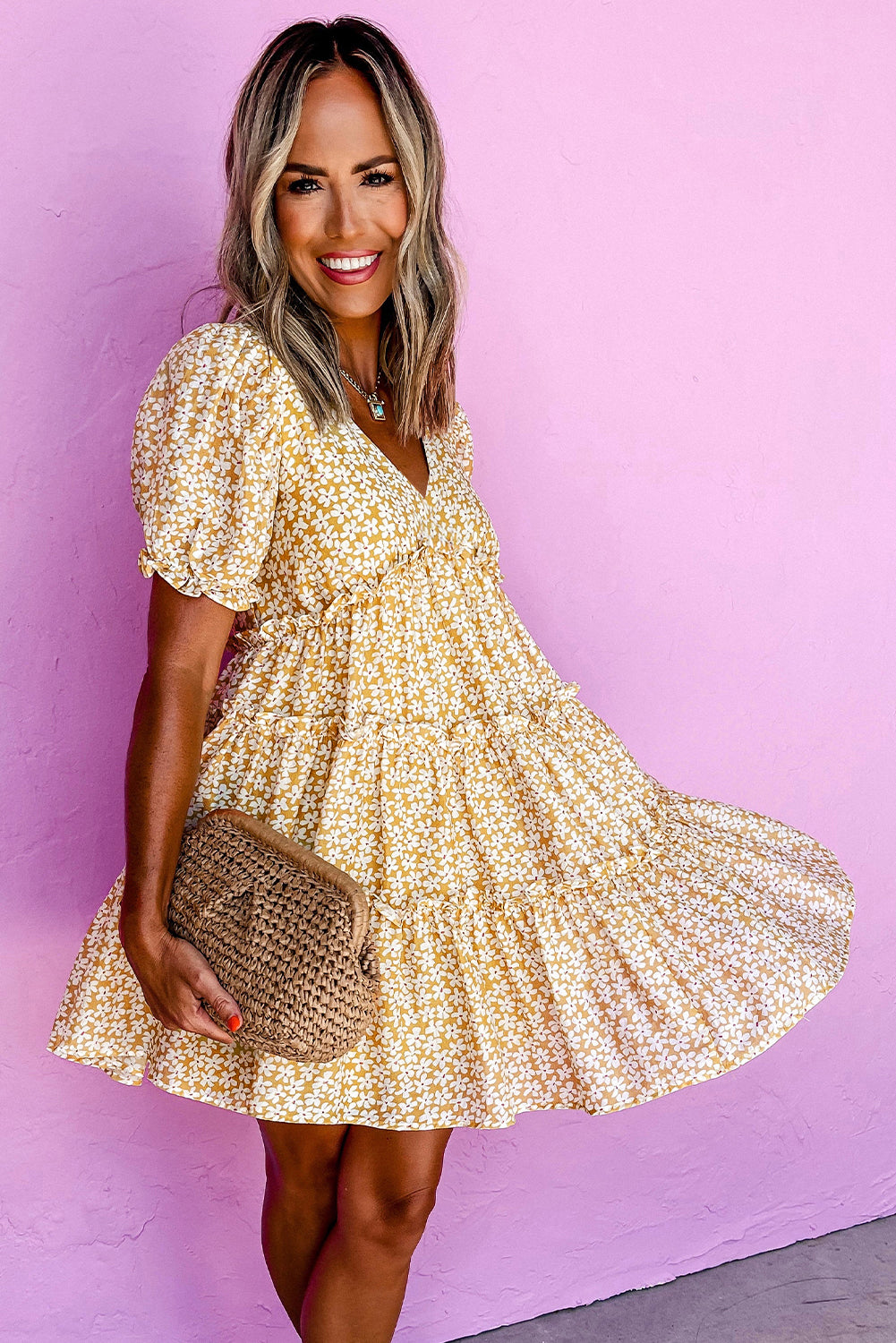Yellow Floral Short Sleeve V Neck Frilly Tiered Mini Dress Floral Dresses JT's Designer Fashion