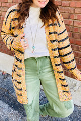 Beige Striped Pom Pom Knit Open Front Long Cardigan Cardigans JT's Designer Fashion