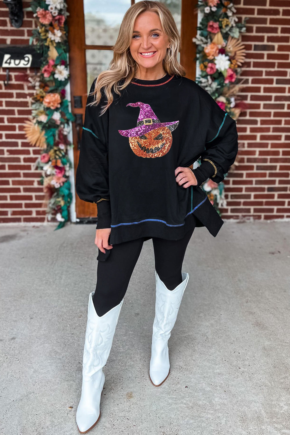 Black Glittering Pumpkin Wizard Graphic Exposed Seam Side Split Halloween Sweatshirt Graphic Sweatshirts JT's Designer Fashion