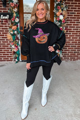Black Glittering Pumpkin Wizard Graphic Exposed Seam Side Split Halloween Sweatshirt Graphic Sweatshirts JT's Designer Fashion