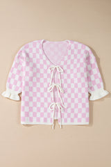 Light Pink Checkered Knitted Lace-up Ruffled 3/4 Sleeve Cardigan Cardigans JT's Designer Fashion