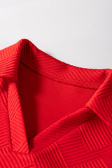 Fiery Red Textured Collared V Neck Puff Short Sleeve Shift Mini Dress Mini Dresses JT's Designer Fashion