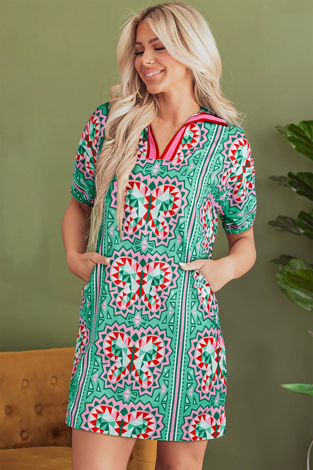 Mint Green Geometric Butterfly Print Split Neck Short Sleeve Dress Mini Dresses JT's Designer Fashion