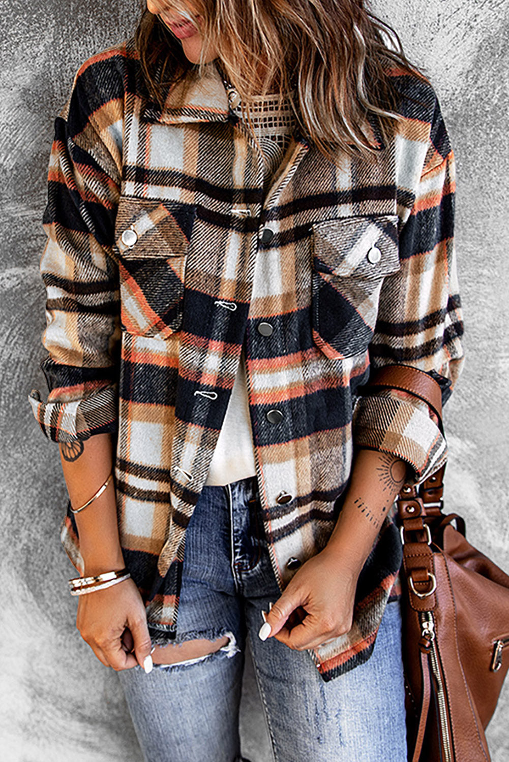 Geometric Plaid Print Pocketed Shacket Blue 100%Polyester Plaid Shackets JT's Designer Fashion