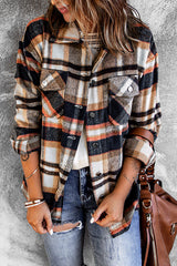 Geometric Plaid Print Pocketed Shacket Blue 100%Polyester Plaid Shackets JT's Designer Fashion