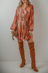 Orange Boho Paisley Print Long Sleeve Pleated Belted Mini Dress Mini Dresses JT's Designer Fashion
