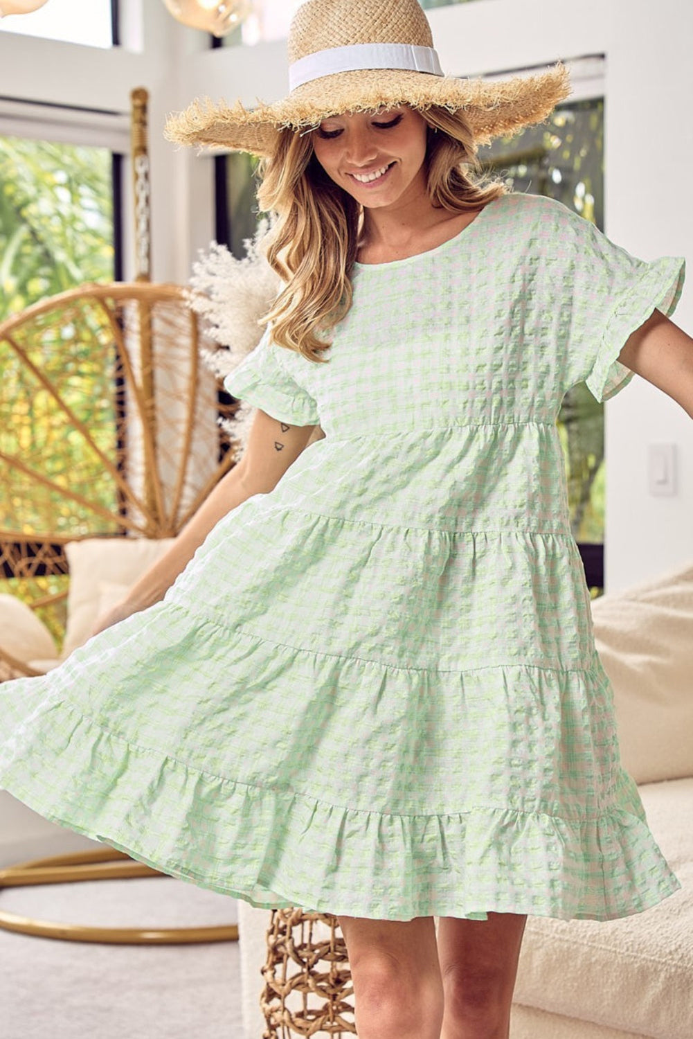 Green Stripe Textured Tiered Short Sleeve Loose Mini Dress Mini Dresses JT's Designer Fashion