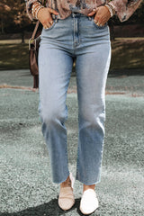 Light Blue Acid Wash Raw Edge Straight Jeans Light Blue 66%Cotton+27%Polyester+6%Lyocell+1%Elastane Jeans JT's Designer Fashion