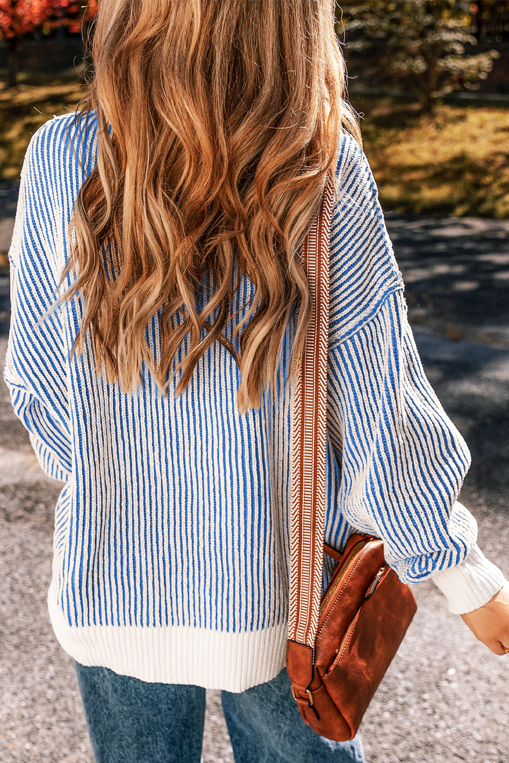 Dark Blue Striped Textured Knit Contrast Edge Loose Sweater Sweaters JT's Designer Fashion