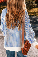 Dark Blue Striped Textured Knit Contrast Edge Loose Sweater Sweaters JT's Designer Fashion