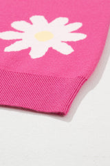 Bright Pink Daisy Flower Crew Neck Long Sleeve Sweater Sweaters JT's Designer Fashion