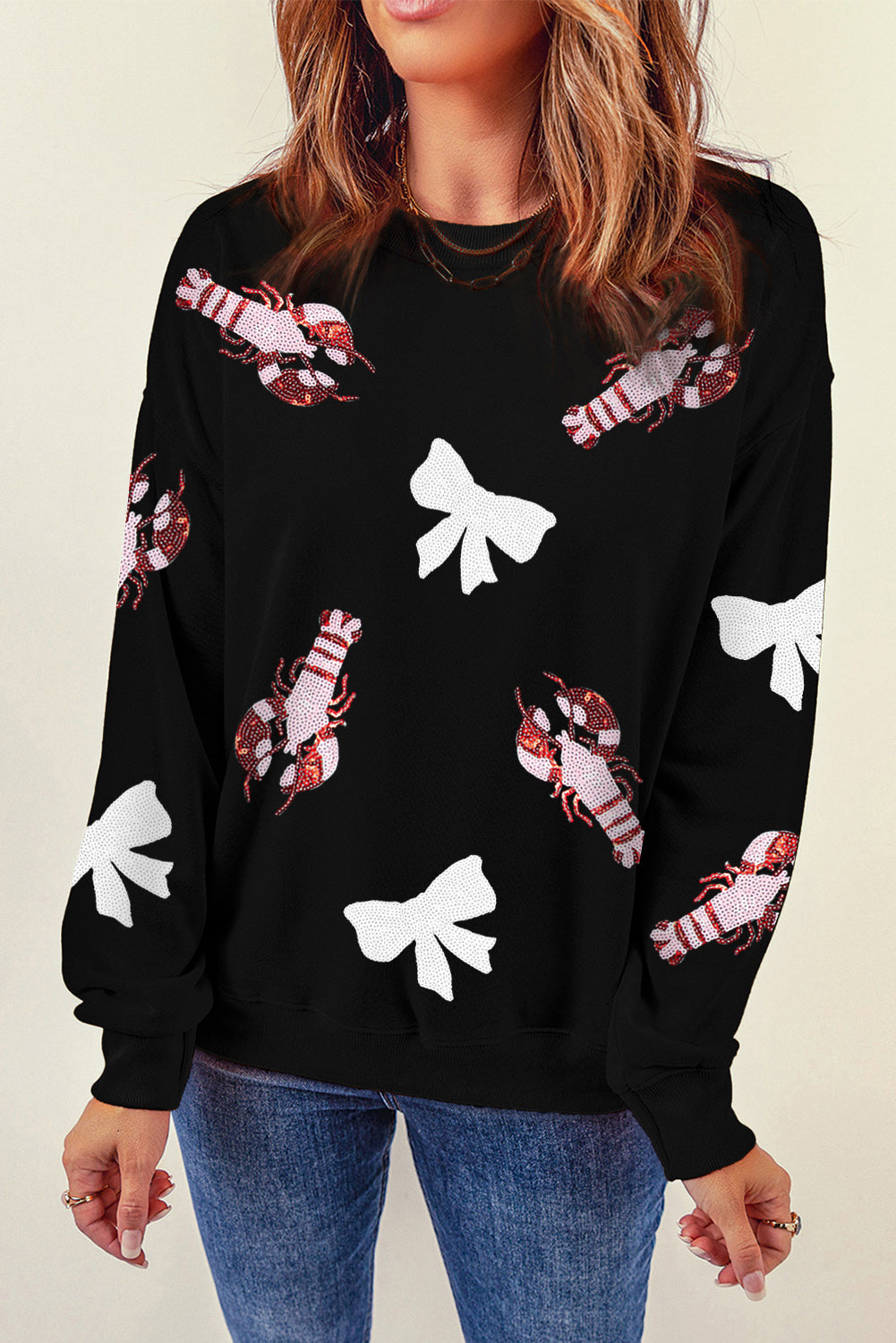 Black Crawfish Bow Sequin Patched Graphic Sweatshirt Graphic Sweatshirts JT's Designer Fashion