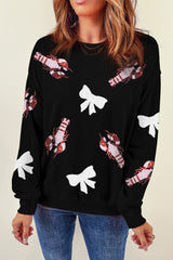 Black Crawfish Bow Sequin Patched Graphic Sweatshirt Graphic Sweatshirts JT's Designer Fashion