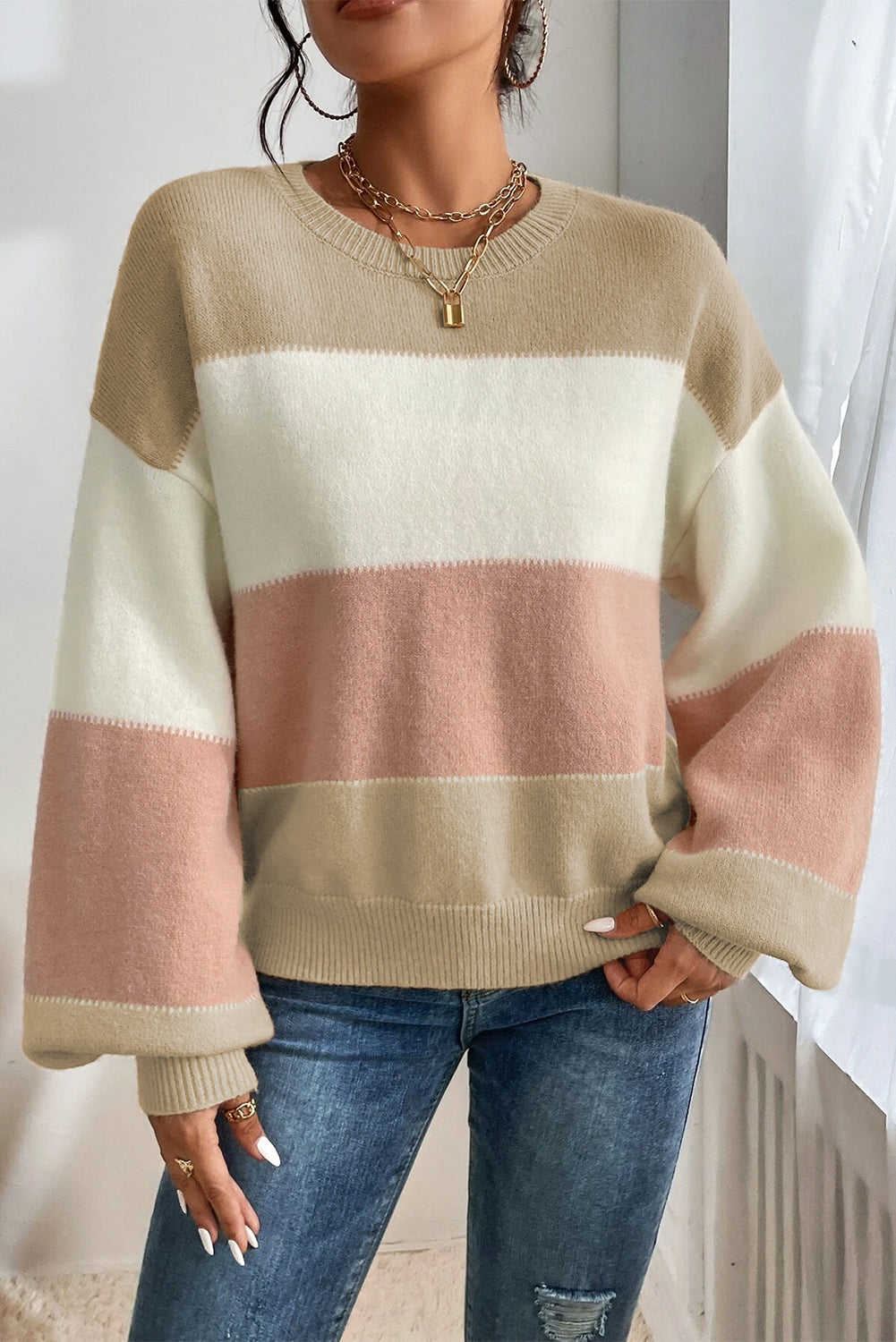 Dusty Pink Color Block Lantern Sleeve Drop Shoulder Sweater Sweaters JT's Designer Fashion