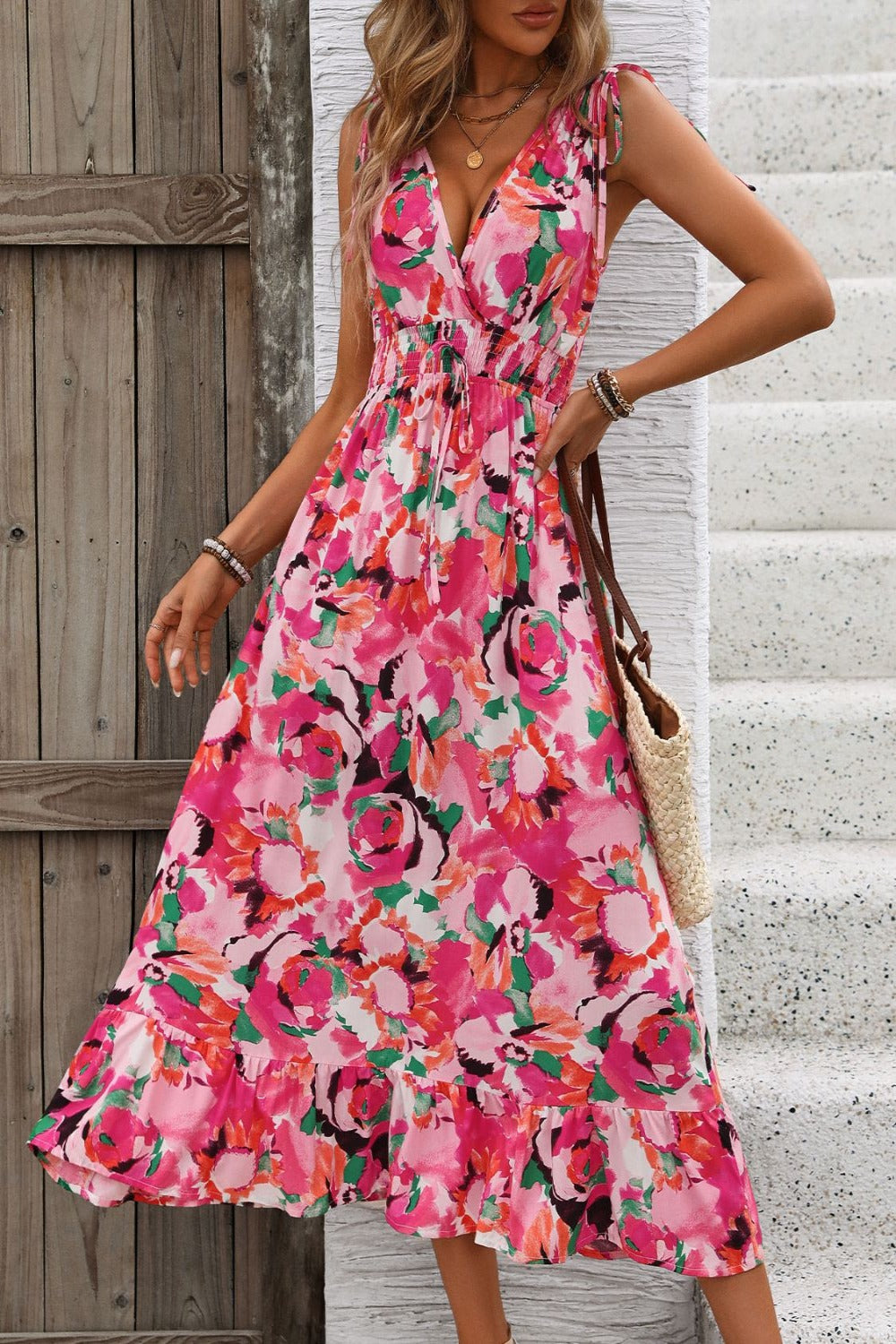 Ruffled Smocked Printed Sleeveless Dress Pink JT's Designer Fashion