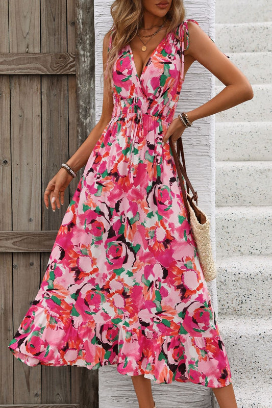 Ruffled Smocked Printed Sleeveless Dress Pink JT's Designer Fashion