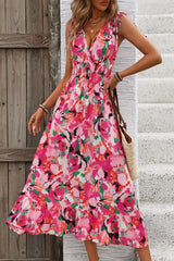 Ruffled Smocked Printed Sleeveless Dress Pink JT's Designer Fashion