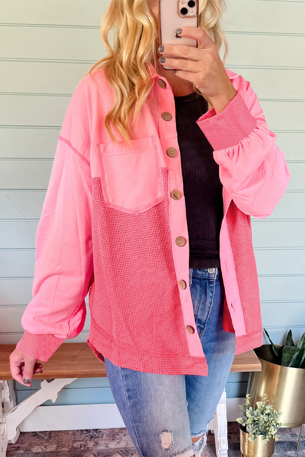 Peach Blossom Two Tone Contrast Waffle Knit Buttoned Loose Shacket Peach Blossom 90%Polyester+7%Acrylic+3%Elastane Jackets JT's Designer Fashion