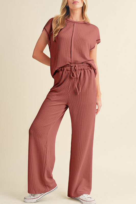 Mineral Red Solid Color Corded Short Sleeve Top and Casual Pants Set Pant Sets JT's Designer Fashion