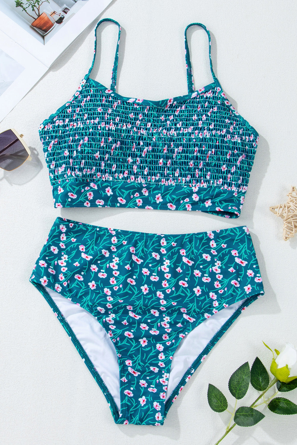 Blue Floral Print Smocked Cute Bikini Set Bikinis JT's Designer Fashion
