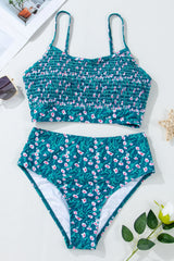 Blue Floral Print Smocked Cute Bikini Set Bikinis JT's Designer Fashion