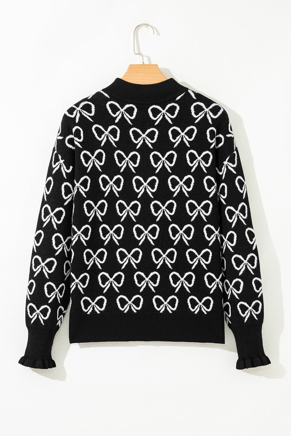 Black Cute Bow Pattern Drop Shoulder Zipped Collar Sweater Sweaters JT's Designer Fashion