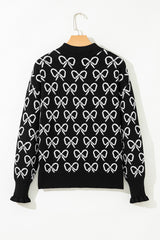 Black Cute Bow Pattern Drop Shoulder Zipped Collar Sweater Sweaters JT's Designer Fashion