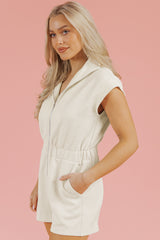 Jet Stream Textured Zipped Front V Neck Collared Casual Romper Jumpsuits & Rompers JT's Designer Fashion