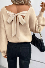 Apricot Lantern Sleeve V Neck Knot Back Sweater Apricot 50%Viscose+28%Polyester+22%Polyamide Sweaters JT's Designer Fashion