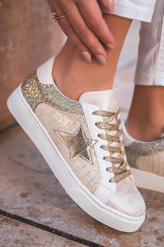 Gold Glitter Star Patchwork Leather Lace-up Sneakers Women's Shoes JT's Designer Fashion