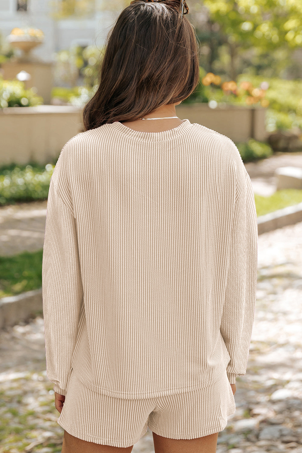 Parchment Corded Knit Long Sleeve Top and High Waist Shorts Set Short Sets JT's Designer Fashion