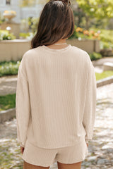 Parchment Corded Knit Long Sleeve Top and High Waist Shorts Set Short Sets JT's Designer Fashion