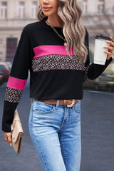 Rose Leopard Colorblock Patchwork Crew Neck Long Sleeve Tee Long Sleeve Tops JT's Designer Fashion