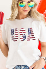 White USA Flag Sequin Patched Round Neck T Shirt Graphic Tees JT's Designer Fashion