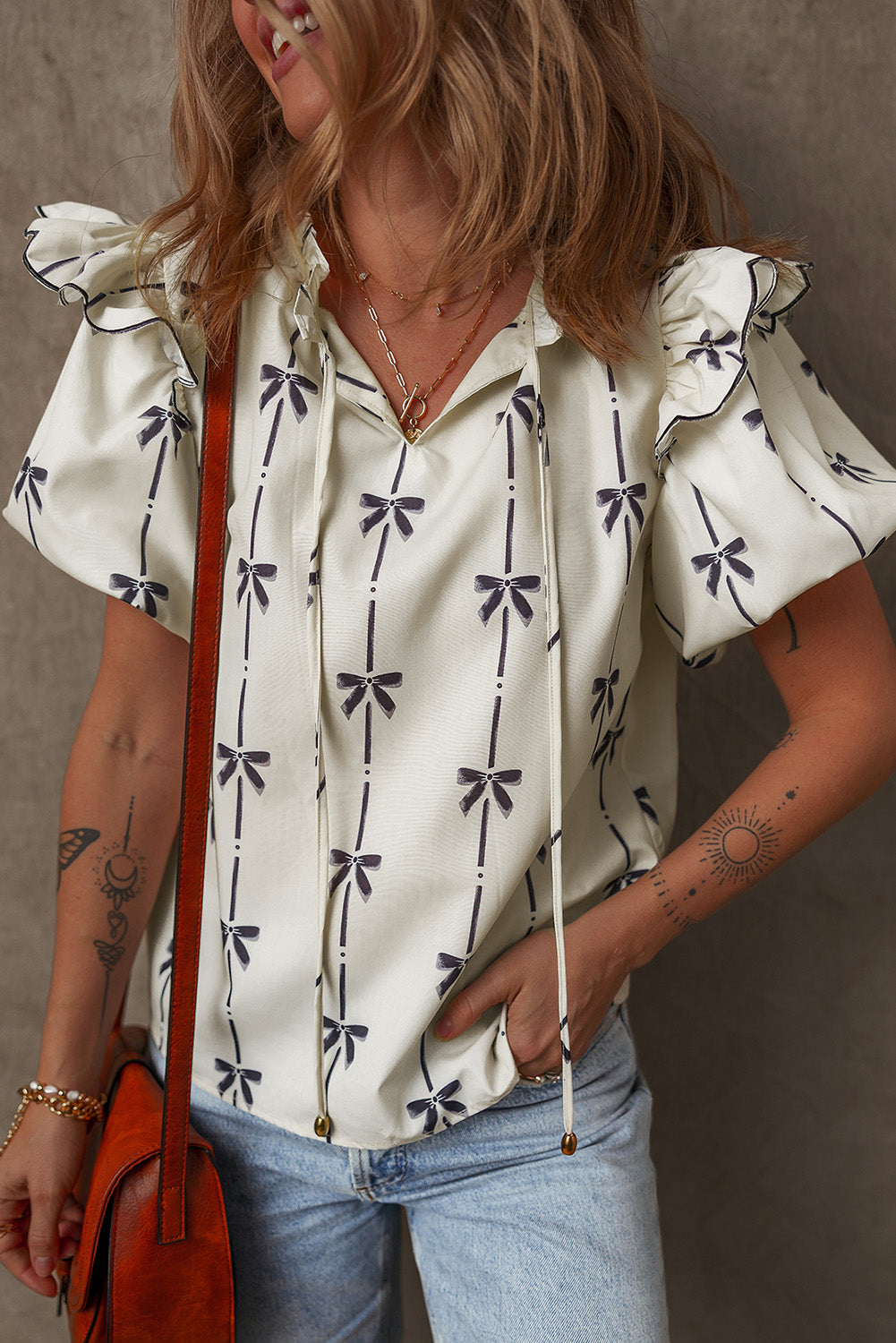 Beige Bow Printed Ruffled Bubble Sleeve Tied Notched V Neck Blouse Beige 100%Polyester Blouses & Shirts JT's Designer Fashion