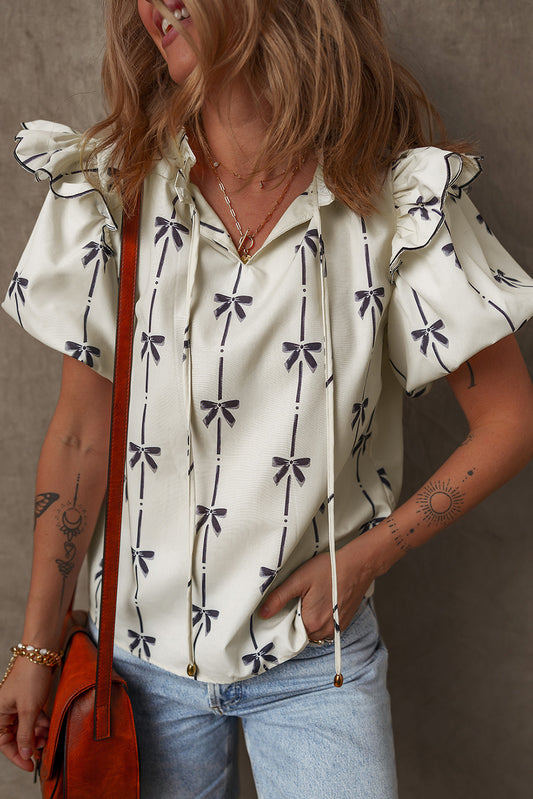 Beige Bow Printed Ruffled Bubble Sleeve Tied Notched V Neck Blouse Beige 100%Polyester Blouses & Shirts JT's Designer Fashion