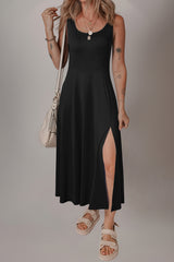 Black Sleeveless Scoop Neck Flared Split Midi Dress Midi Dresses JT's Designer Fashion