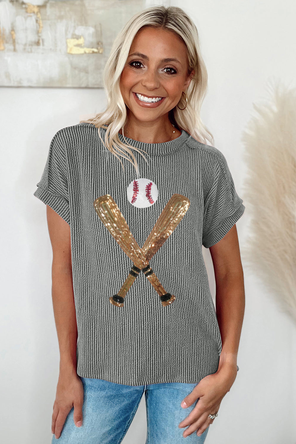 Medium Grey Sequin Baseball Pattern Ribbed Knit Crewneck T Shirt Graphic Tees JT's Designer Fashion