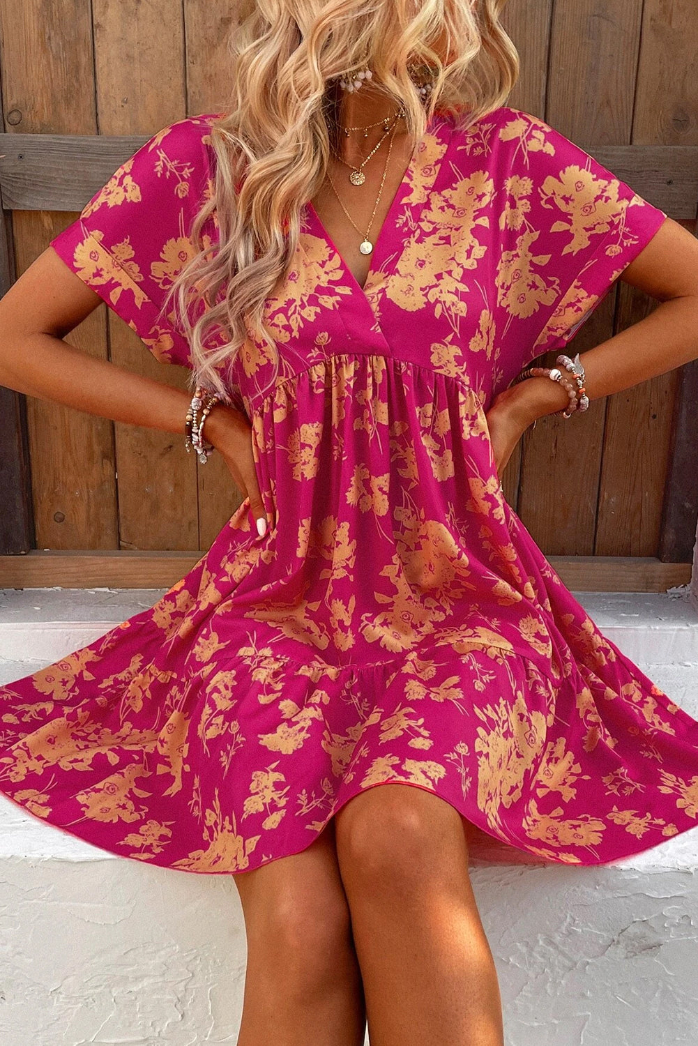 Rose Floral Print Batwing Sleeve Smock Dress Floral Dresses JT's Designer Fashion