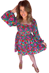 White Plus Size Floral Frilled Square Neck Shirred Long Sleeve Dress Plus Size Mini Dresses JT's Designer Fashion