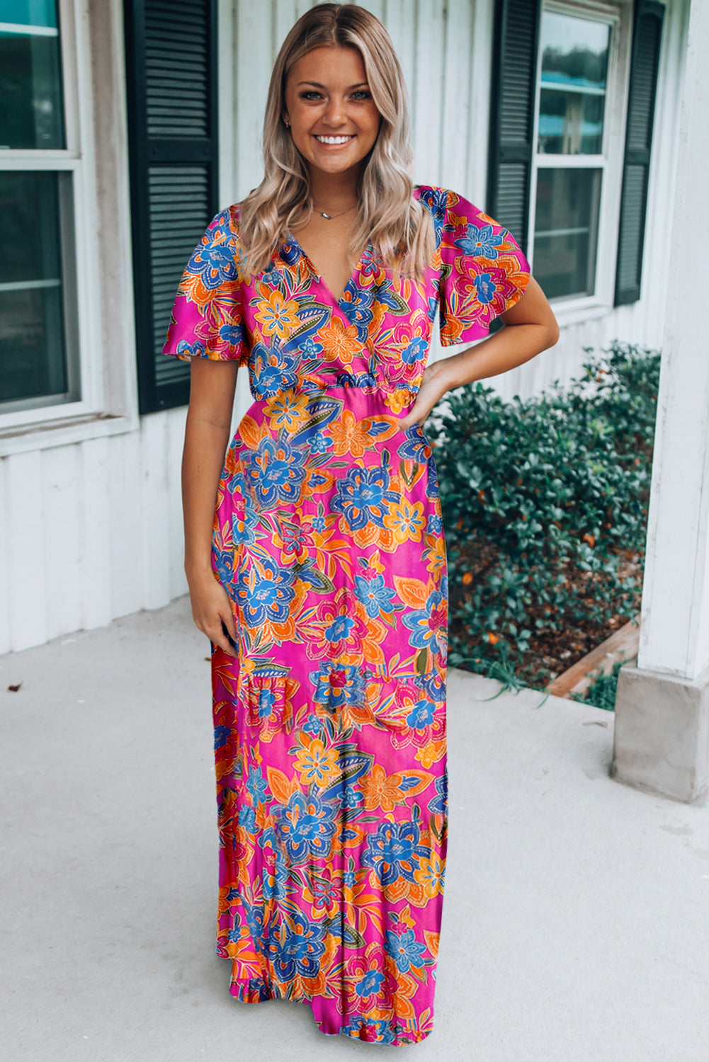 Rose Wrap V Neck Floral Maxi Dress Dresses JT's Designer Fashion