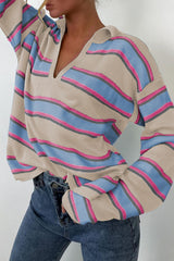 Apricot Stripe Collared V Neck Drop Shoulder Loose Sweater Sweaters JT's Designer Fashion