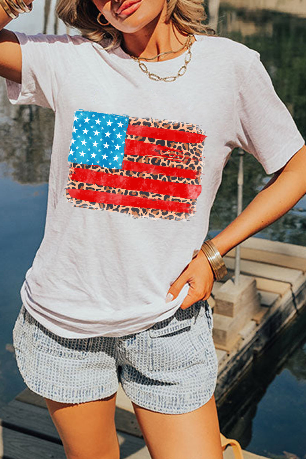 White Leopard Insert American Flag Pattern Cotton Blend T Shirt Graphic Tees JT's Designer Fashion