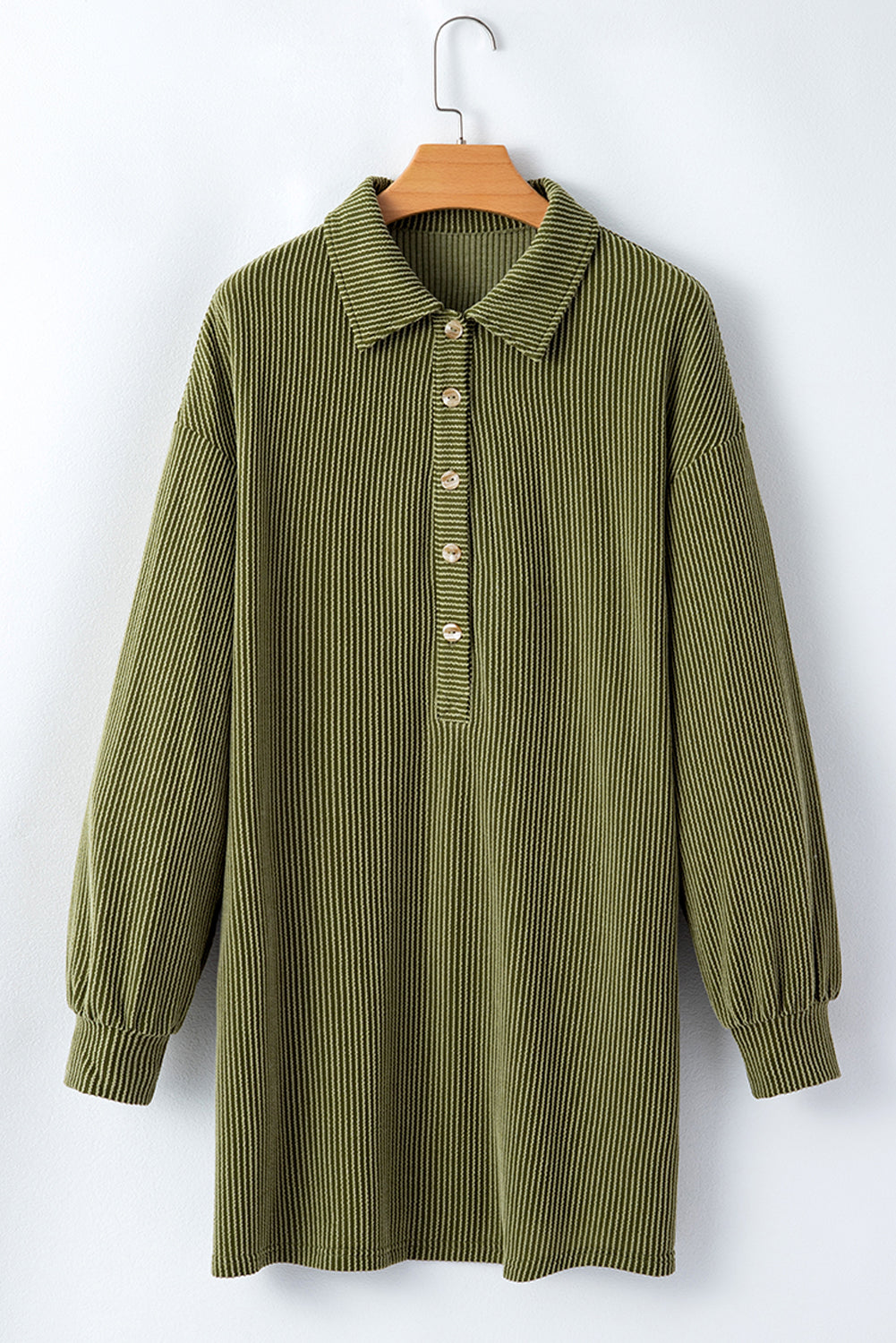Moss Green Corded Buttons Placket Drop Shoulder Collared Shift Dress Mini Dresses JT's Designer Fashion