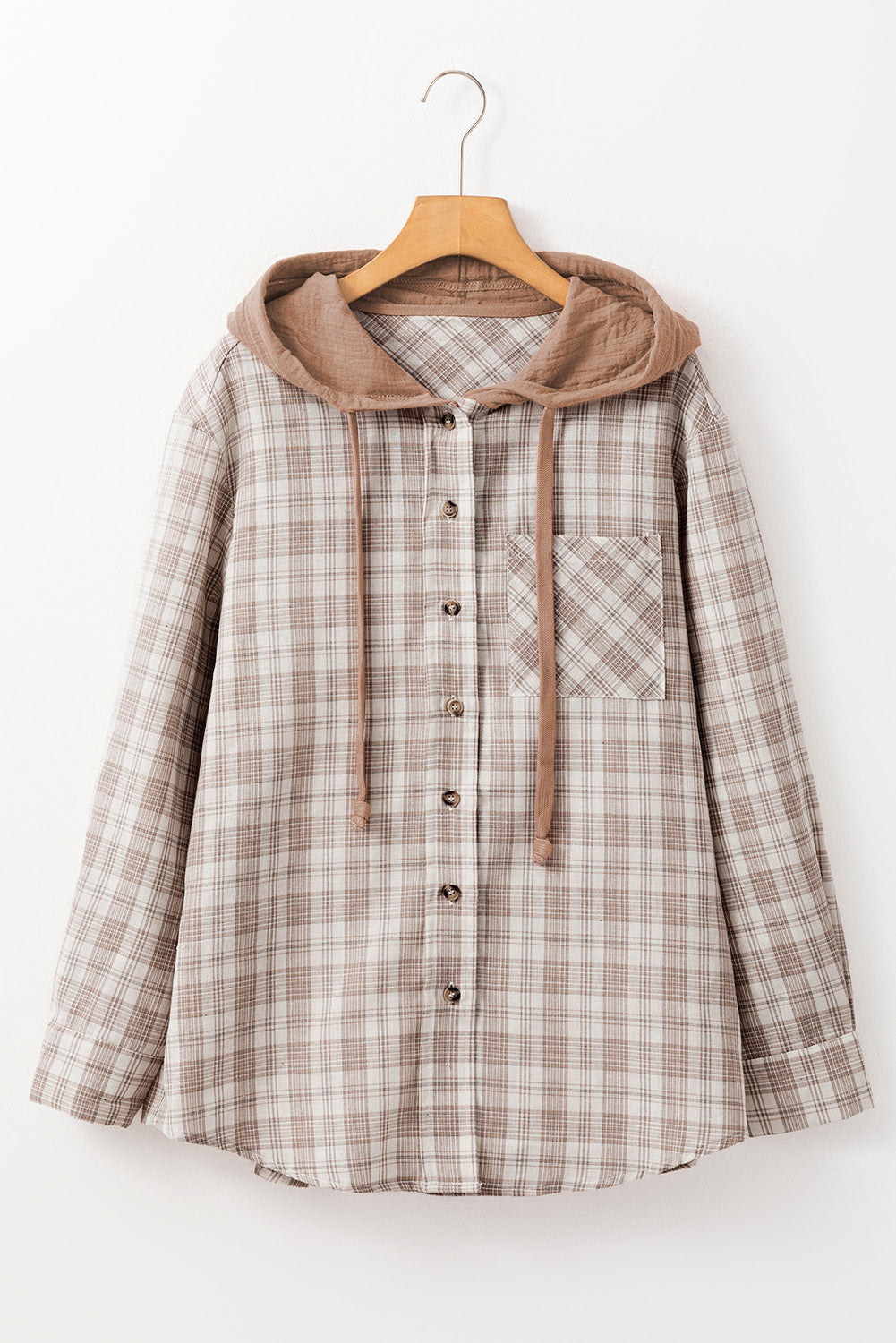 Khaki Checkered Print Loose Fit Buttoned Hooded Shacket Plaid Shackets JT's Designer Fashion