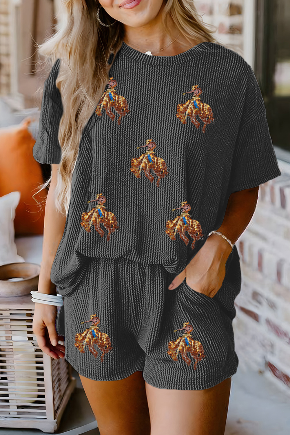 Carbon Grey Western Rodeo Graphic Patched 3D Ribbed Short 2pcs Outfit Graphic Sets JT's Designer Fashion